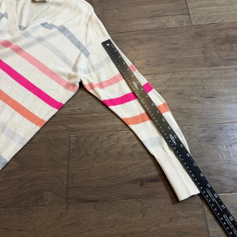 LOFT Womens Striped V-Neck Sweater Cream Pink Orange‎ Grey Size M Relaxed Fit